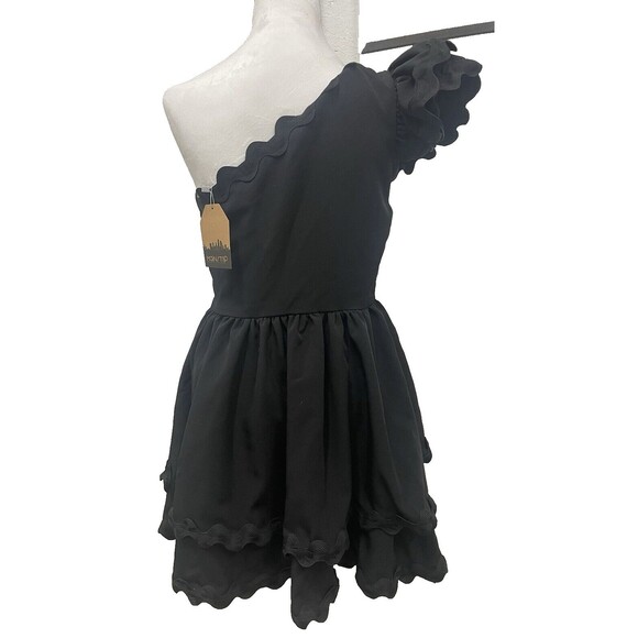 Main Strip One Shoulder ace of spade Black Scalloped‎ Hem Mini Dress NWT- Sz M - Picture 4 of 7